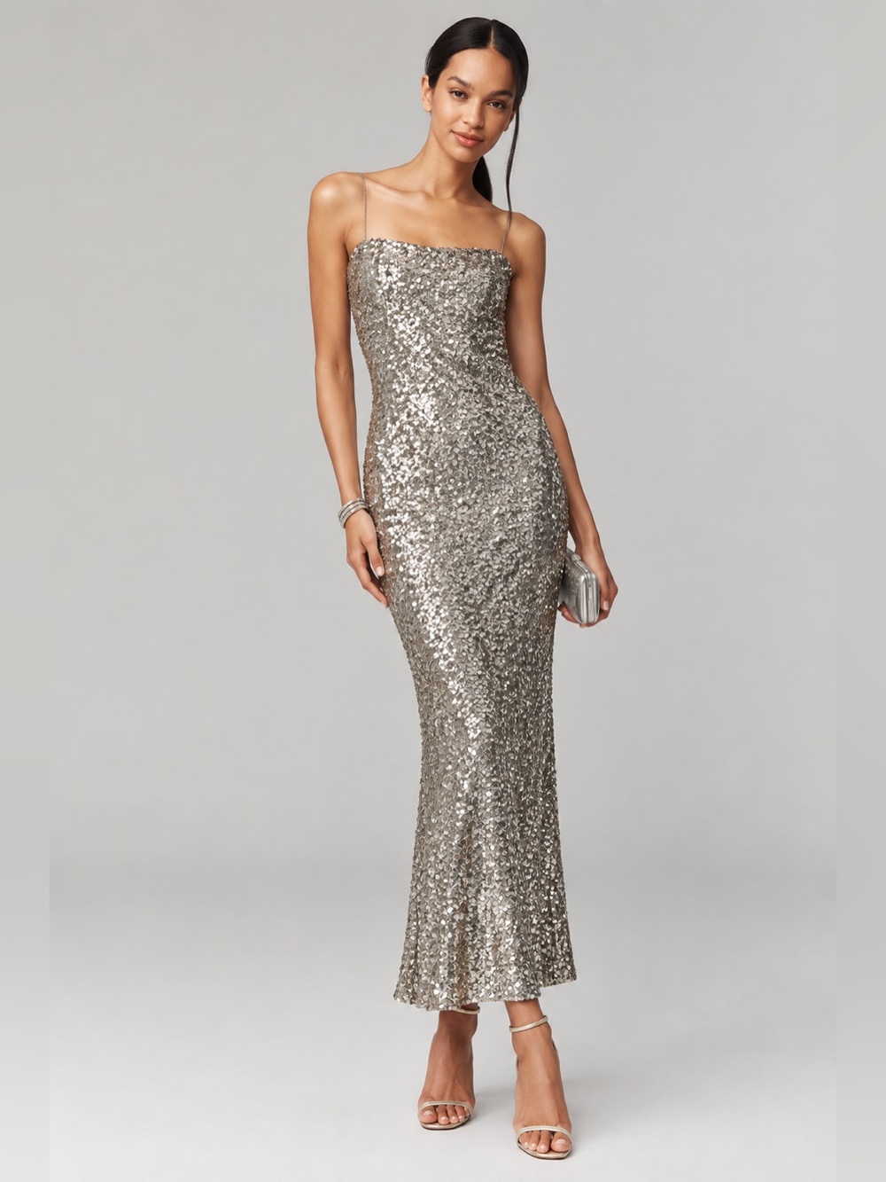 NWT Antonio Melani Reese Silver Sequin Square Neck Maxi Dress Sz 8